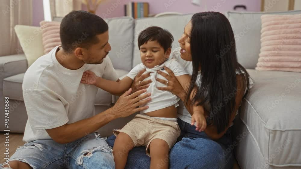 Loving parents with their young child sitting on the living room floor of their home, sharing a tender moment together. Loving parents with their young child sitting on the living room floor of their home, sharing a tender moment together.