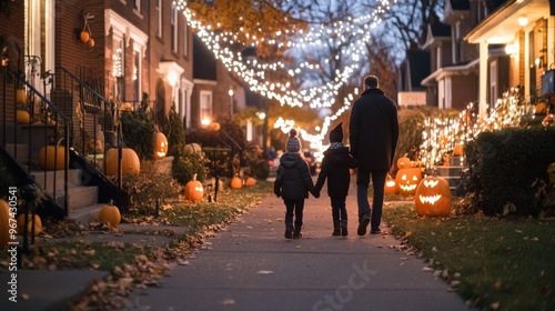 A nighttime Halloween walk through a decorated neighborhood pumpkins glowing on every doorstep