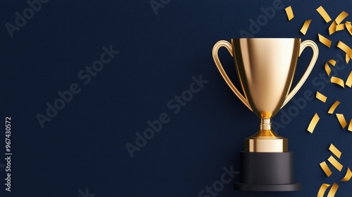 Golden Trophy on Dark Background with Gold Confetti