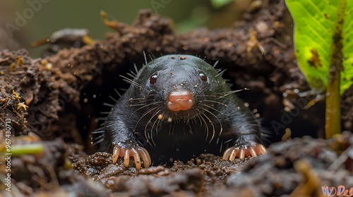 Star-nosed mole emerging from underground, tentacle-like nose visible: A star-nosed mole emerges from its underground burrow, its bizarre tentacle-like nose twitching as it explores the world  photo