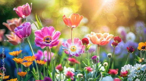 Colorful blooms on sunny garden backdrop