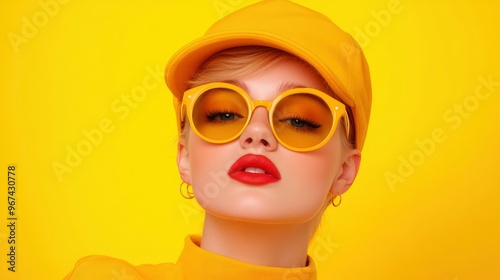 Fashionable Woman in Yellow Sunglasses and Hat Against Yellow Background