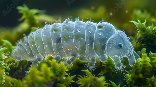 Tardigrade in moss droplet, electron microscope view: An electron microscope captures the incredible details of a tardigrade within a droplet of moss, showcasing its nearly indestructible form  photo