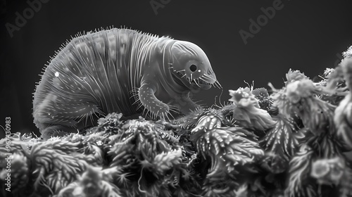 Tardigrade in moss droplet, electron microscope view: An electron microscope captures the incredible details of a tardigrade within a droplet of moss, showcasing its nearly indestructible form  photo