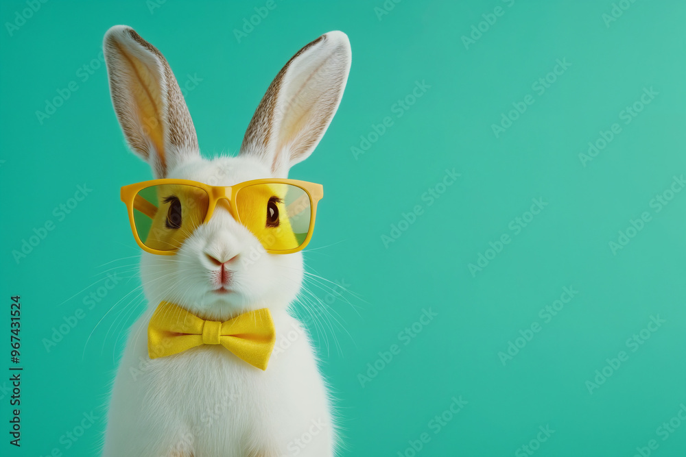 Fototapeta premium Cute white Easter bunny with yellow glasses and bow tie on a turquoise background. Spring concept, with copy space.