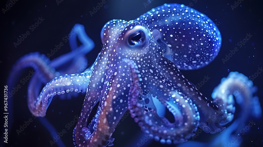 Vampire squid in defensive posture, bioluminescent arm tips: A vampire