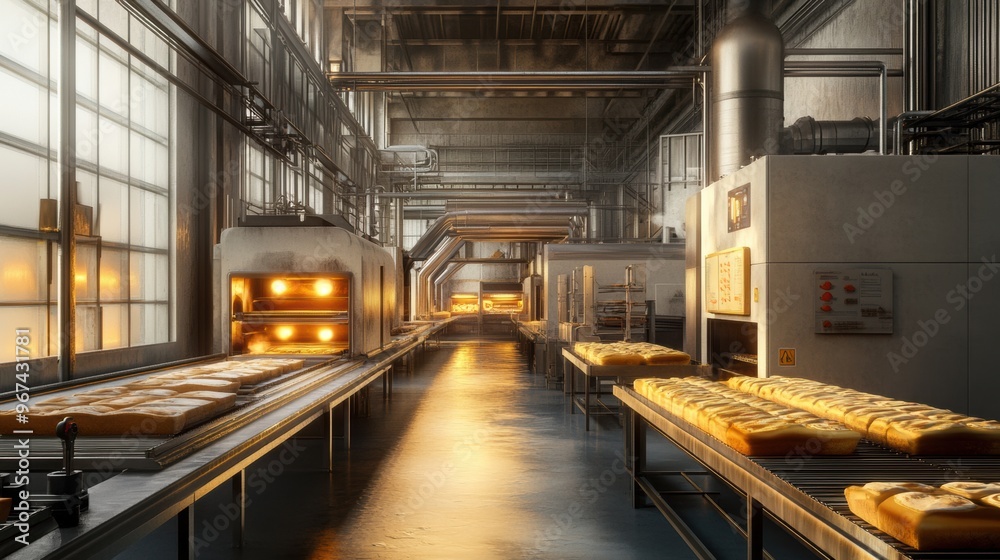 Depiction of a bakery assembly line in an industrial setting with large ovens and conveyor belts Depiction of a bakery assembly line in an industrial setting with large ovens and conveyor belts