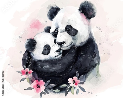 Happy Mother's Day. Cute mother and baby panda together. Watercolor Vector illustration photo