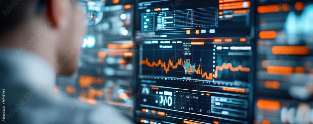Fototapeta premium High-risk market trading robot, AI-powered risk strategies, neon holographic data streams, futuristic design