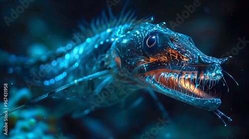 Viperfish with bioluminescent lure, deep sea hunting scene: A viperfish lurks in the deep sea, its bioluminescent lure glowing in the dark waters as it prepares to ambush unsuspecting prey with  photo