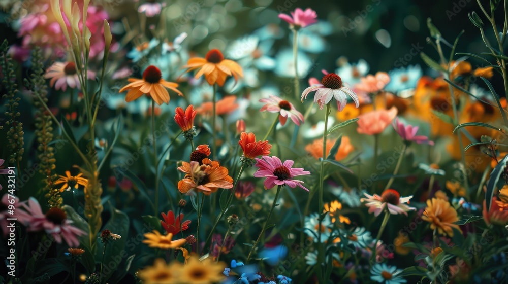 Colorful flowers gently swaying in lush garden Colorful flowers gently swaying in lush garden