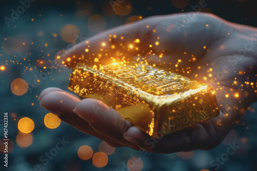 Double exposure of a hand holding a gold bar with gold market trading trends. photo