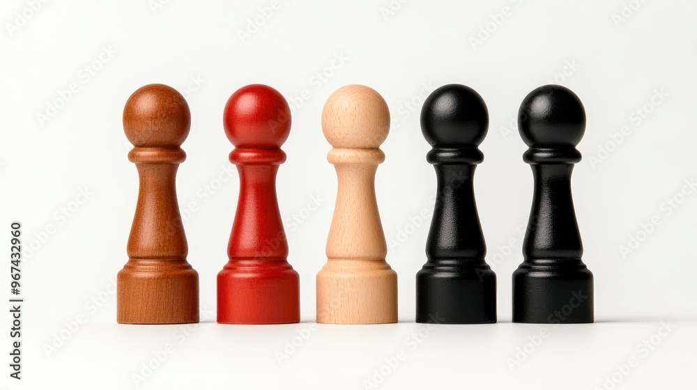Five Wooden Pegs in a Row, Different Colors, Representing Diversity and Inclusion Five Wooden Pegs in a Row, Different Colors, Representing Diversity and Inclusion