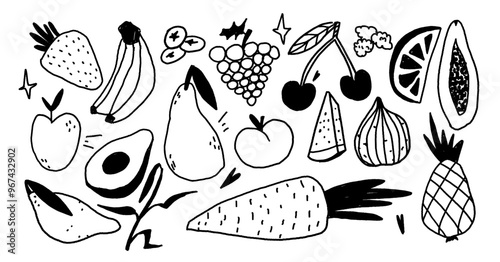 Set of black and white fruits elements. Marker or pen texture. Trendy jagged illustrations. Childish naive tattoo. Vector scribble hand drawn icons.