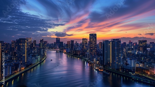 Stunning Cityscape at Sunset with Skyscrapers Reflecting in the River