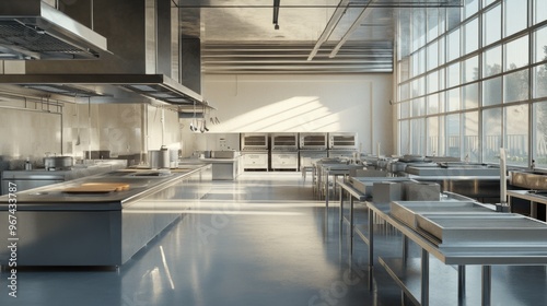 Visual representation of an industrial kitchen setup in a large-scale catering or meal prep facility