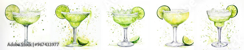 Margarita cocktail illustration set with lime wedge. Watercolor painting isolated on white background. Beverage and refreshment concept.