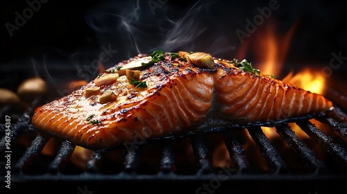 Grilled Salmon on the grill, black background