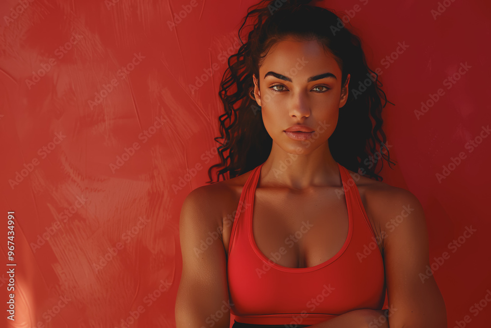Female fitness model standing alone, contemplating future plans, isolated on a ruby red background. Female fitness model standing alone, contemplating future plans, isolated on a ruby red background.