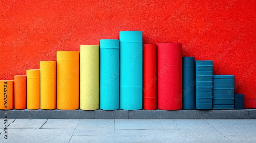 Colorful Cylinders Against a Red Wall Colorful Cylinders Against a Red Wall