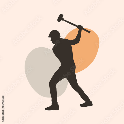 a worker in action pose using his sledge hammer tool, vector silhouette, isolated white background,