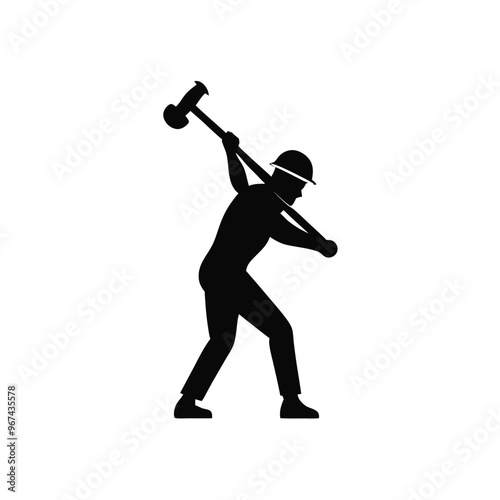a worker in action pose using his sledge hammer tool, vector silhouette, isolated white background,