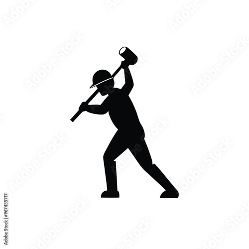 a worker in action pose using his sledge hammer tool, vector silhouette, isolated white background,