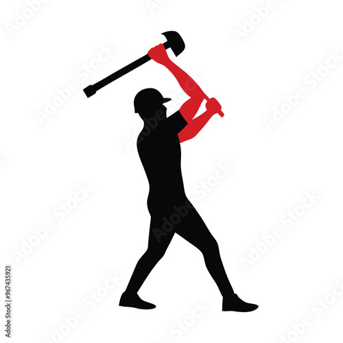 a worker in action pose using his sledge hammer tool, vector silhouette, isolated white background,