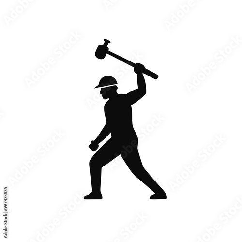 a worker in action pose using his sledge hammer tool, vector silhouette, isolated white background,