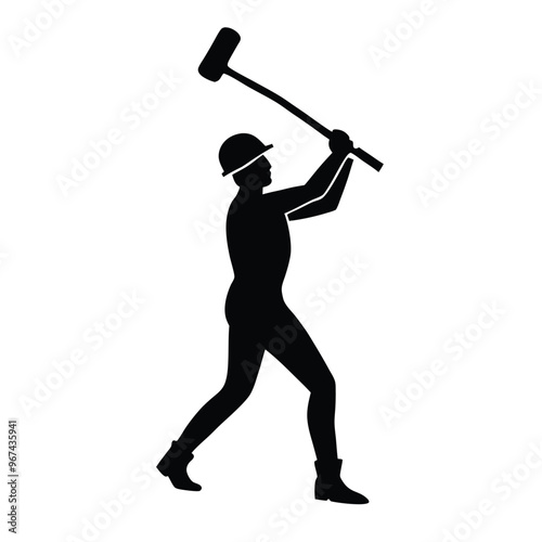 a worker in action pose using his sledge hammer tool, vector silhouette, isolated white background,