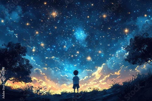 whimsical illustration of a young boy gazing in wonder at a starstudded night sky constellations and celestial bodies twinkling above a silhouetted landscape