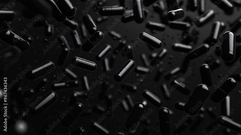 Black capsules spread out in the air on black background