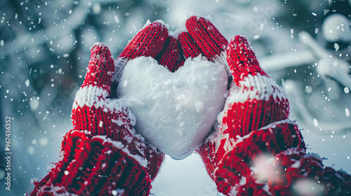 Heart shaped snowball in hands in red knitted mittens