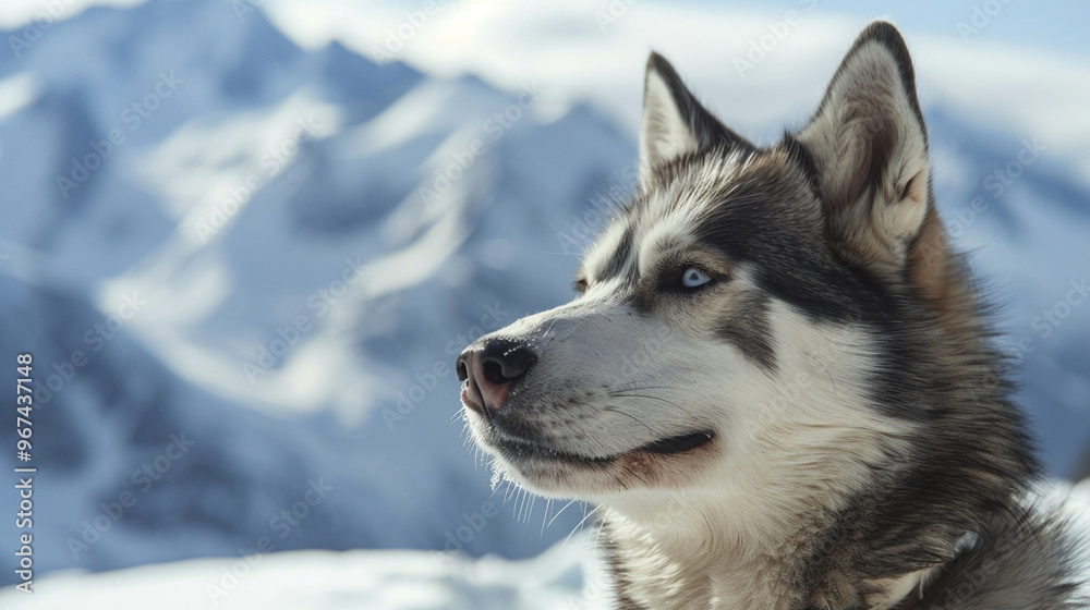 A smiling husky with its mouth slightly open, showing its teeth, framed by a background of snowy mountains. A smiling husky with its mouth slightly open, showing its teeth, framed by a background of snowy mountains.