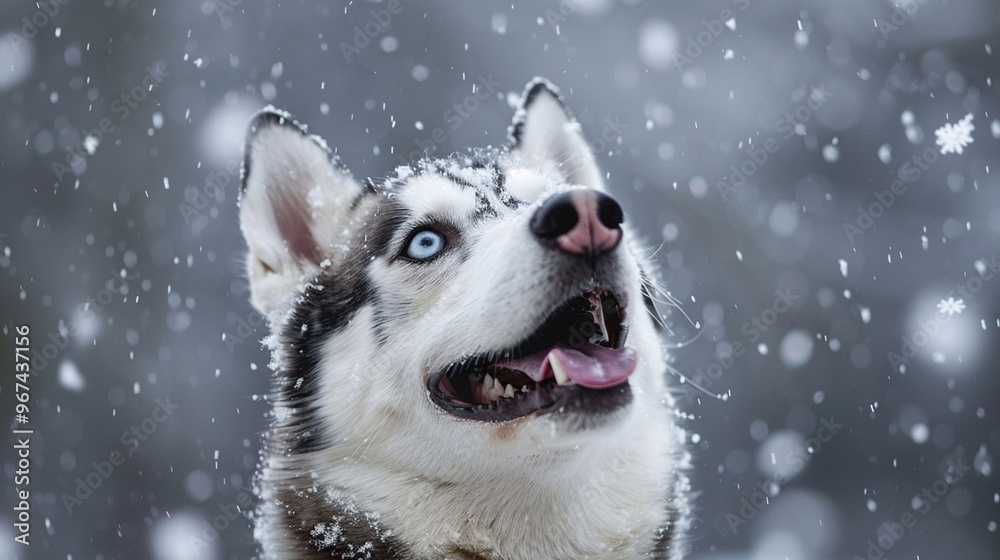 A husky with snowflakes on its fur, looking up with a playful expression as its tongue peeks out. A husky with snowflakes on its fur, looking up with a playful expression as its tongue peeks out.