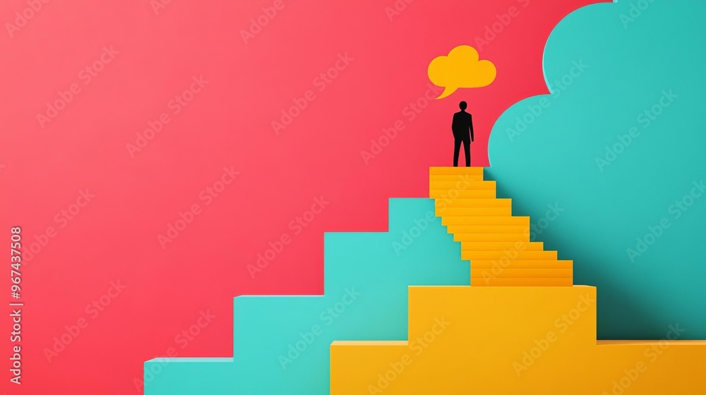 Fototapeta premium A creative representation of a person standing on colorful stairs, contemplating success and ambition against a vibrant background.