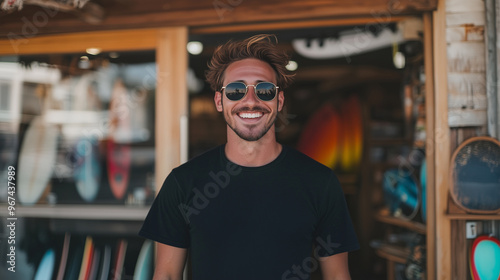 A happy man in a black T-shirt and sunglasses stands in front of a surf shop, smiling broadly. His style is modern and casual, reflecting a beach vacation vibe