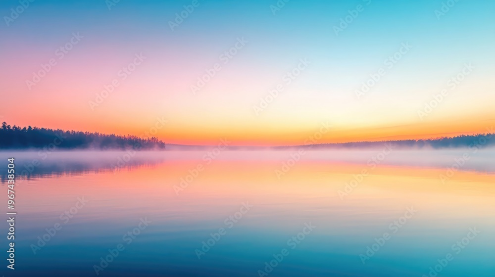 Misty summer dawn over a calm lake, the sky a gradient of warm colors, mist gently drifting across the water, serene and tranquil atmosphere Misty summer dawn over a calm lake, the sky a gradient of warm colors, mist gently drifting across the water, serene and tranquil atmosphere