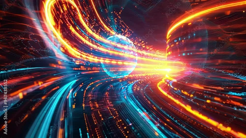 Light trails are converging toward a global network of financial information, creating a sense of fast movement and technological advancement Light trails are converging toward a global network of financial information, creating a sense of fast movement and technological advancement
