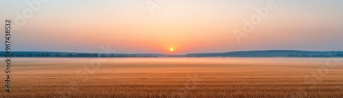 Misty summer evening in the countryside, the sky turning orange and pink as the sun sets, mist slowly settling over the fields, warm and tranquil