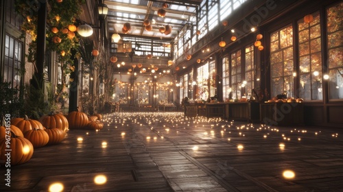 A spooky Halloween village market inside an abandoned building glowing pumpkins scattered across the floor