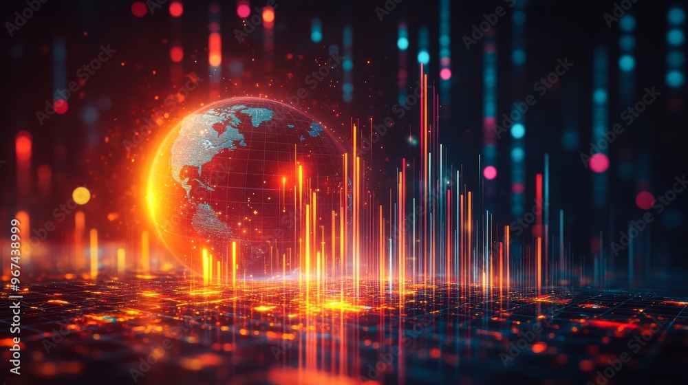 Fototapeta premium A glowing digital globe surrounded by dynamic data lines and points representing global connectivity and technology trends, ideal for illustrating concepts of big data, cybersecurity