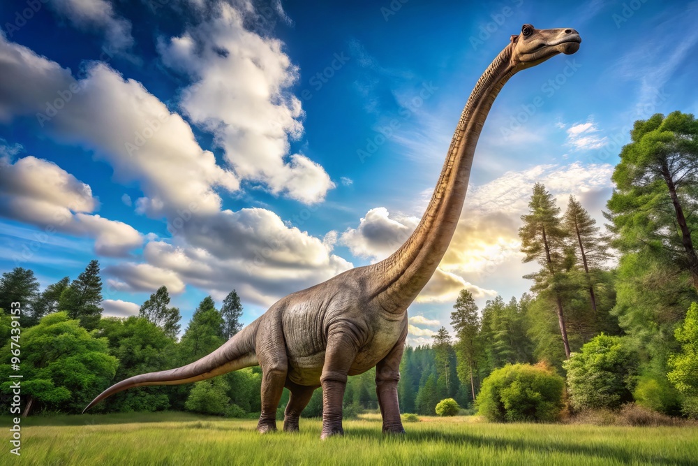 Fototapeta premium A towering sauropod dinosaur, with a long neck and tail, stands majestically in a lush field surrounded by towering trees.