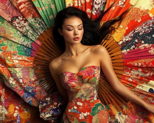 Asian woman in strapless dress, standing amidst vibrant Japanese fan designs, the detailed patterns adding a cultural richness to the scene