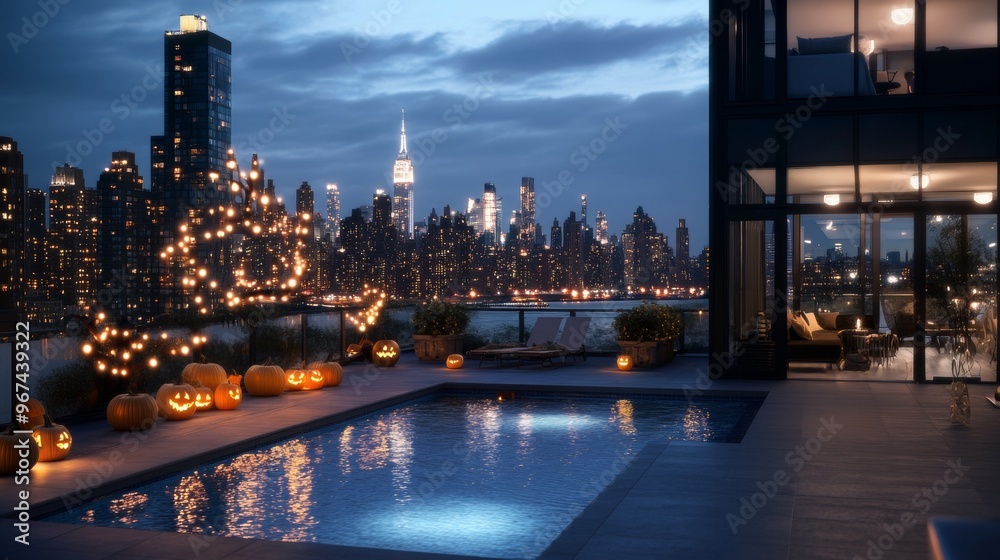 Naklejka premium A spooky Halloween-themed hotel rooftop party pumpkins glowing around the pool