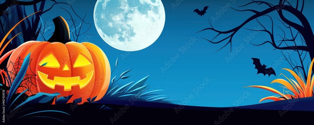 Fototapeta premium Animated Halloween pumpkins with vintage 70s patterns, glowing under a full moon, bold colors, cel shading