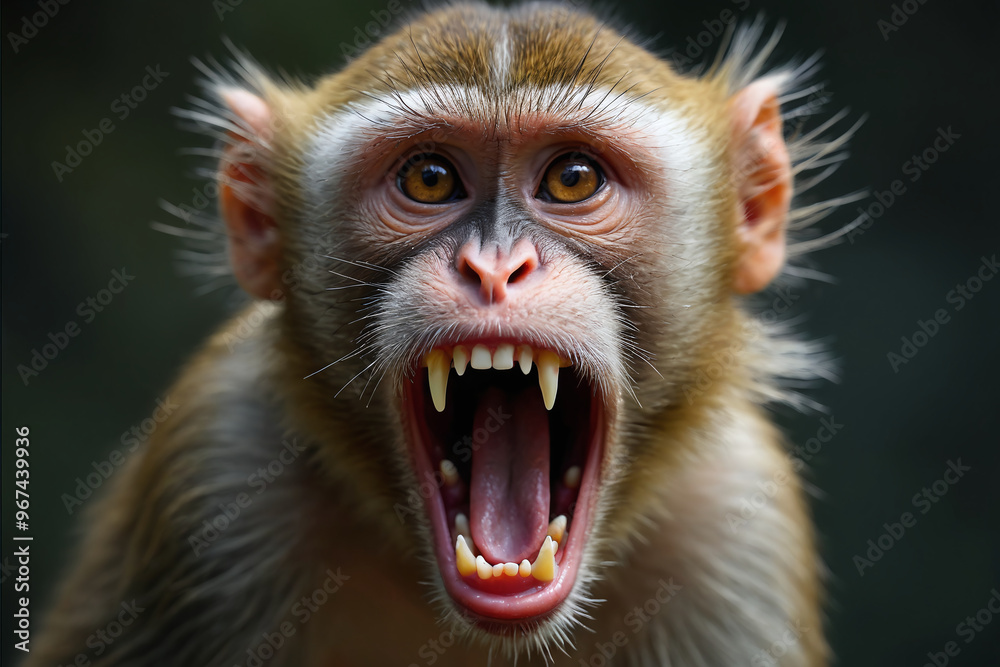 Obraz premium A wild monkey feeling threaten, bares teeth and sharp fangs, looking ferocious and fierce. Concept of infected animals as disease carrier, host to virus like Monkeypox poxvirus, threatening humans.