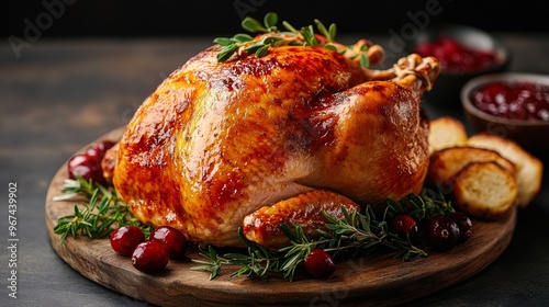 A succulent, golden-brown roasted turkey garnished with herbs and cranberries on a wooden serving board, perfect for holiday feast themes or food and recipe blogs, photo