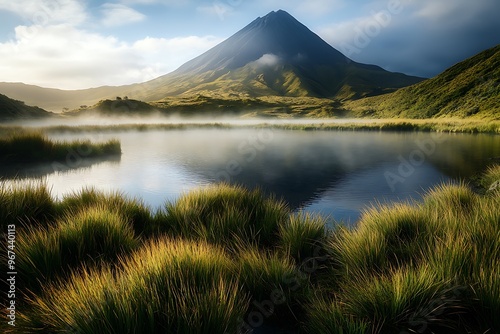 Sunset light on tops of mountains with reflections in lake