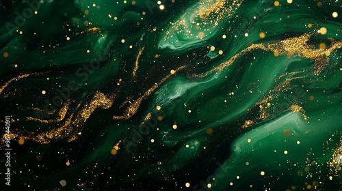Wave green flow fluid with golden sparkles magic gradient texture shimmering ornament